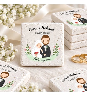 30 Adet Kişiye Özel Baskılı Doğal Taş Magnet 5x5cm Söz, Nikah, Nişan Hatırası (Beyaz)