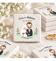 30 Adet Kişiye Özel Baskılı Doğal Taş Magnet 5x5cm Söz, Nikah, Nişan Hatırası (Beyaz)