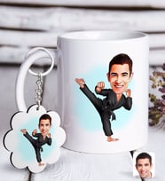 BK Gift Kişiye Özel Erkek Karateci Karikatürlü Beyaz Kupa ve Anahtarlık Hediye Seti-1 (Model 1)