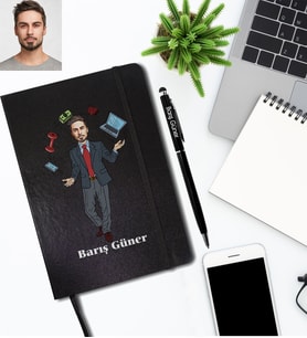 Kişiye Özel İş Adamı Karikatürlü Siyah Defter Kalem Hediye Seti Bay-1