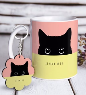 BK Gift Kişiye Özel Sevimli Kedi Beyaz Kupa ve Anahtarlık Hediye Seti-9 (Model 1)