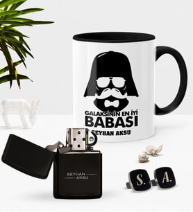 BK Gift Kişiye Özel Galaksinin En İyi Babası Siyah Kupa Çakmak Kol Düğmesi Seti-2 (Model 1)