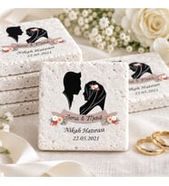 30 Adet Kişiye Özel Baskılı Doğal Taş Magnet 5x5cm Söz, Nikah, Nişan Hatırası (Beyaz)