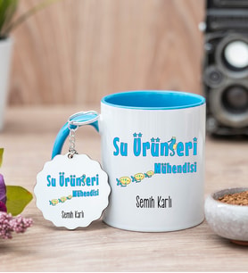 Su Ürünleri Mühendisi Mavi Kupa Bardak Ve Anahtarlık Set