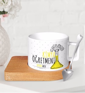 BK Gift Kişiye Özel Kimya Öğretmeni Ahşap Altlıklı Seramik Fincan-5 (Beyaz)