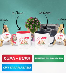 İkili Kırmızı Siyah Sevgiliye Sevgililer Günü Hediyesi 5 Kupa Bardak Anahtarlık