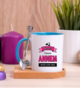 Canım Annem Ahşap Altlıklı Mavi Kupa Bardak