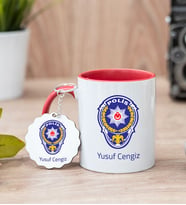 Polis Amblemli Kırmızı Kupa Bardak Ve Anahtarlık Set