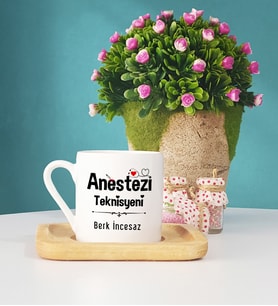 Anestezi Teknisyeni Tasarımlı Kişiye Özel Hediye Anestezi Teknisyeni Ahşap Altlıklı Türk Kahvesi Fincanı