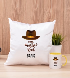 Awesome Dad Babaya Hediye Kare Yastık ve Sarı Kupa Bardak