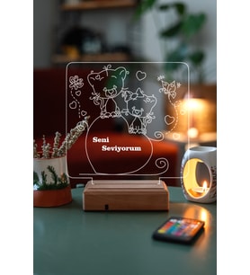 Sevgililer Günü Özel 3D Led Kalp ve Kedicikli Lamba