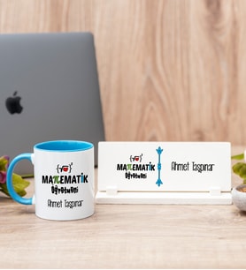 Matematik Öğretmeni Mavi Kupa Bardak Ve Masa İsimliği Hediye Seti