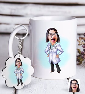 BK Gift Kişiye Özel Bayan Doktor Karikatürlü Beyaz Kupa ve Anahtarlık Hediye Seti-1 (Model 1)