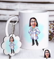 BK Gift Kişiye Özel Bayan Doktor Karikatürlü Beyaz Kupa ve Anahtarlık Hediye Seti-1 (Model 1)