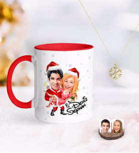 BK Gift Kişiye Özel Yeni Yıl Sevgililer Karikatürlü Kırmızı Kupa ve Kar Tanesi Kolye-2 (Model 1)