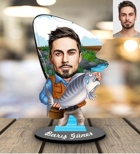 Kişiye Özel Balıkçı Karikatürlü Ahşap Biblo Bay-3