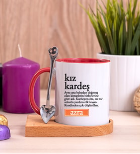 Kız Kardeş Kelime Anlamı Ahşap Altlıklı Kırmızı Kupa Bardak
