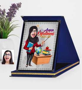 BK Gift Kişiye Özel Tesettürlü Bayan Öğretmen Karikatürlü Lacivert Plaket  1