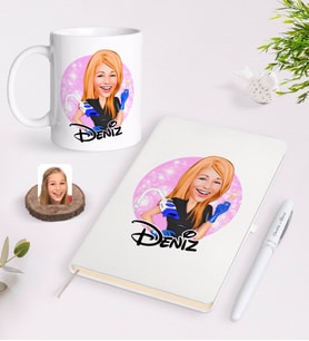 BK Gift Kişiye Özel Kadın Güzellik Uzmanı Karikatürlü Beyaz Defter Kalem ve Kupa Seti-2 (Model 1)