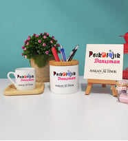 Psikolojik Danışman Ahşap Altlıklı Türk Kahvesi Fincanı Kalemlik Dekoratif Taş Baskı Seti