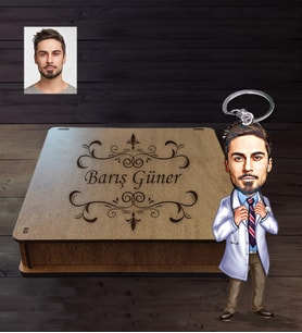 Kişiye Özel Doktor Karikatürlü Ahşap Anahtarlık Kutulu Bay-6