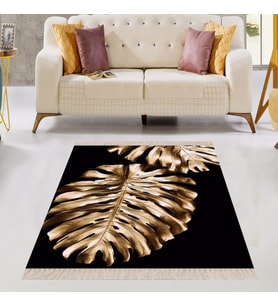 Gold Yaprak Desenli Dijital Baskı Yıkanabilir Kaymaz Taban Salon Halısı ve Yolluk (Siyah)