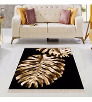 Gold Yaprak Desenli Dijital Baskı Yıkanabilir Kaymaz Taban Salon Halısı ve Yolluk (Siyah)