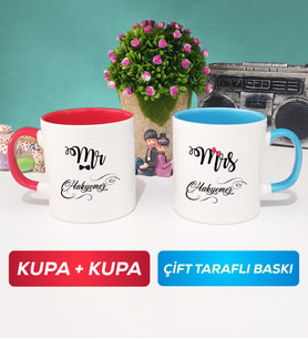 İkili Çiftlere Özel Mr Mrs Sevgiliye Hediye Kupa Bardak Kırmızı Mavi