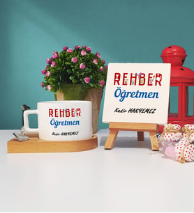 Rehber Öğretmeni Ahşap Altlıklı Fincan ve Dekoratif Taş Baskı Seti