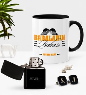 BK Gift Kişiye Özel Babaların Babası Siyah Kupa Çakmak Kol Düğmesi Seti-2 (Model 1)