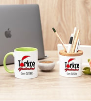 Türkçe Öğretmeni Yeşil Kupa Bardak Ve Kalemlik Hediye Seti