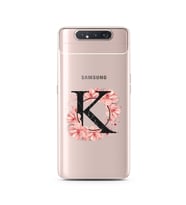Pembe Çiçekli Harf Tasarım Süper Şeffaf Silikon Telefon Kılıfı Samsung A80 K-Har
