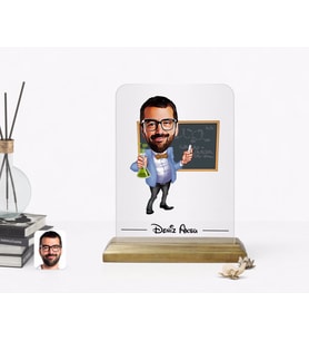 BK Gift Kişiye Özel Erkek Kimya Öğretmeni Karikatürlü Ahşap Standlı Çerçeve-1 (Beyaz)