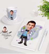 BK Gift Kişiye Özel Erkek Kimya Öğretmeni Karikatürlü Beyaz Defter Kalem Türk Kahvesi Fincanı Seti-3 (Model 1)