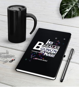 BK Gift Kişiye Özel İlk Babalar Günün Kutlu Olsun Siyah Defter Kalem Termos Mug Seti-2 (Model 1)