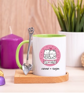 Aşık Çiftlere Özel Ahşap Altlıklı Yeşil Kupa Bardak