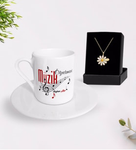 BK Gift Kişiye Özel Müzik Öğretmeni Türk Kahvesi Fincanı ve İsimli Papatya Kolye Hediye Seti (Model 1)