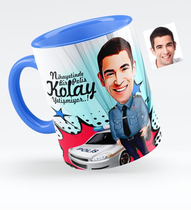 BK Gift Kişiye Özel Bay Polis Karikatürlü Mavi Kupa Bardak  6