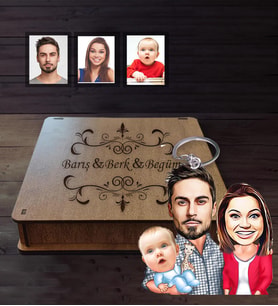 Kişiye Özel Aile Karikatürlü Ahşap Anahtarlık Kutulu  Mod-1