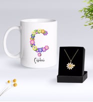 BK Gift Kişiye Özel Çiçek Temalı Harf Kupa ve Papatya Kolye Hediye Seti-4 (Model 1)