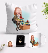 BK Gift Kişiye Özel Bayan Öğretmen Karikatürlü Beyaz Kupa Yastık ve İsimli Papatya Kolye Hediye Seti-4 (Model 1)