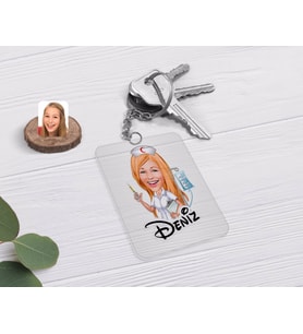 BK Gift Kişiye Özel Hemşire Karikatürlü Şeffaf Pleksi Anahtarlık-2 (Beyaz)