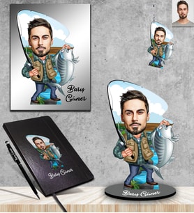 Kişiye Özel Balıkçı Karikatürlü 5 li Hediye Seti Bay-1