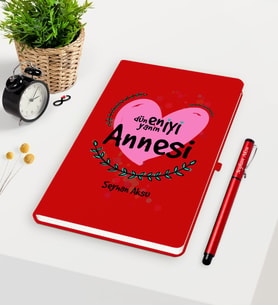BK Gift Kişiye Özel Dünyanın En İyi Annesi Kırmızı Defter Kalem Seti - 11
