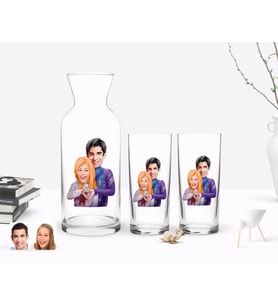 BK Gift Kişiye Özel Renkli Baskılı Sevgililer Karikatürlü İkili Rakı Bardağı ve Karaf Hediye Seti-89 (Model 1)