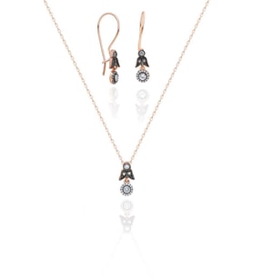 Elmas Montörlü Roz Gümüş Küpe ve Kolye Ucu SET-380 (Rose)