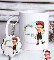 BK Gift Kişiye Özel Erkek İlkokul Öğrenci Karikatürlü Beyaz Kupa ve Anahtarlık Hediye Seti-2 (Model 1)