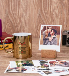Doğum Günü Hediyesi Gold Kupa Bardak ve Ahşap Standlı Polaroid Set