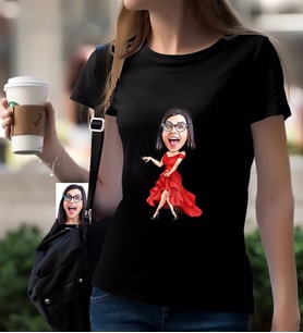 BK Gift Kişiye Özel Bayan Manken Karikatürlü Siyah T-Shirt