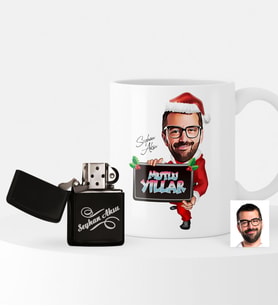 BK Gift Kişiye Özel Yılbaşı Temalı Bay Karikatürlü Çakmak ve Kupa Seti - 1